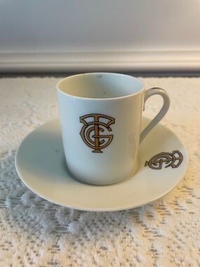 White Porcelain Espresso Cup & Saucer with Gold Monogram